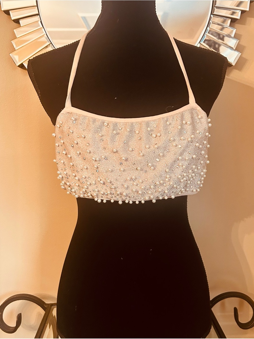 Oh Polly Blush Pink Pearl-Embellished Crop Top